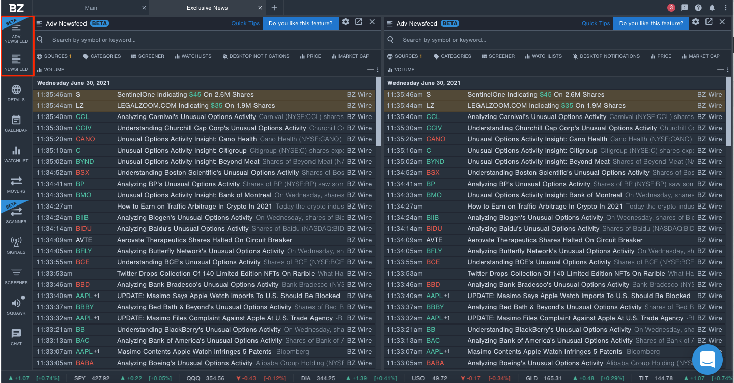 Screenshot of two Newsfeeds in Benzinga Pro, with a red box around the Newsfeed and Beta Advanced Newsfeed button.