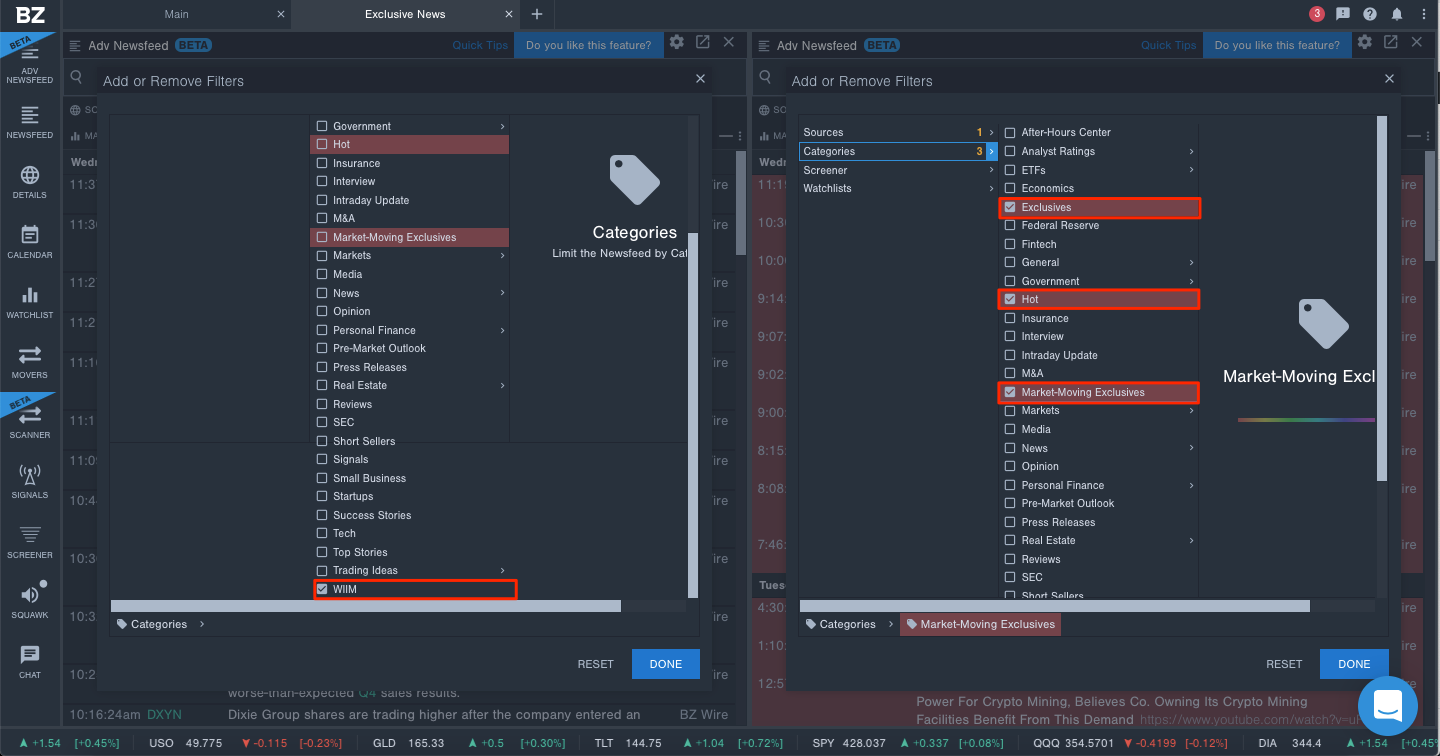 Two Benzinga Pro Newsfeeds with the WIIMs, Exclusives, Hot, and Market-Moving Exclusives checked with red boxes around them.